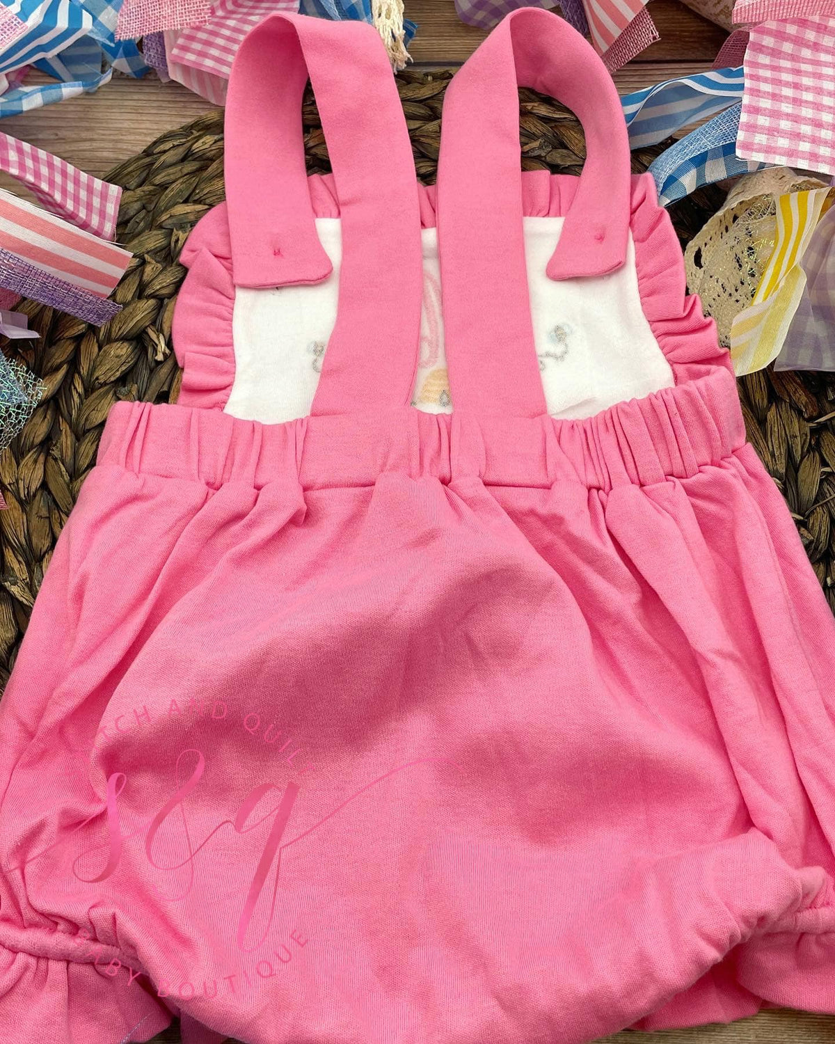 Baby girl pink ruffle bubble with chicken , 1st birthday cake smash outfit, Summer girl romper outfit, Monogrammed Romper