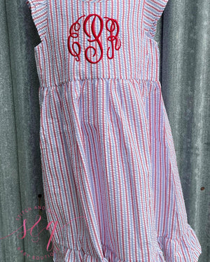 Personalized Girls Patriotic Striped Seersucker Dress Fully 