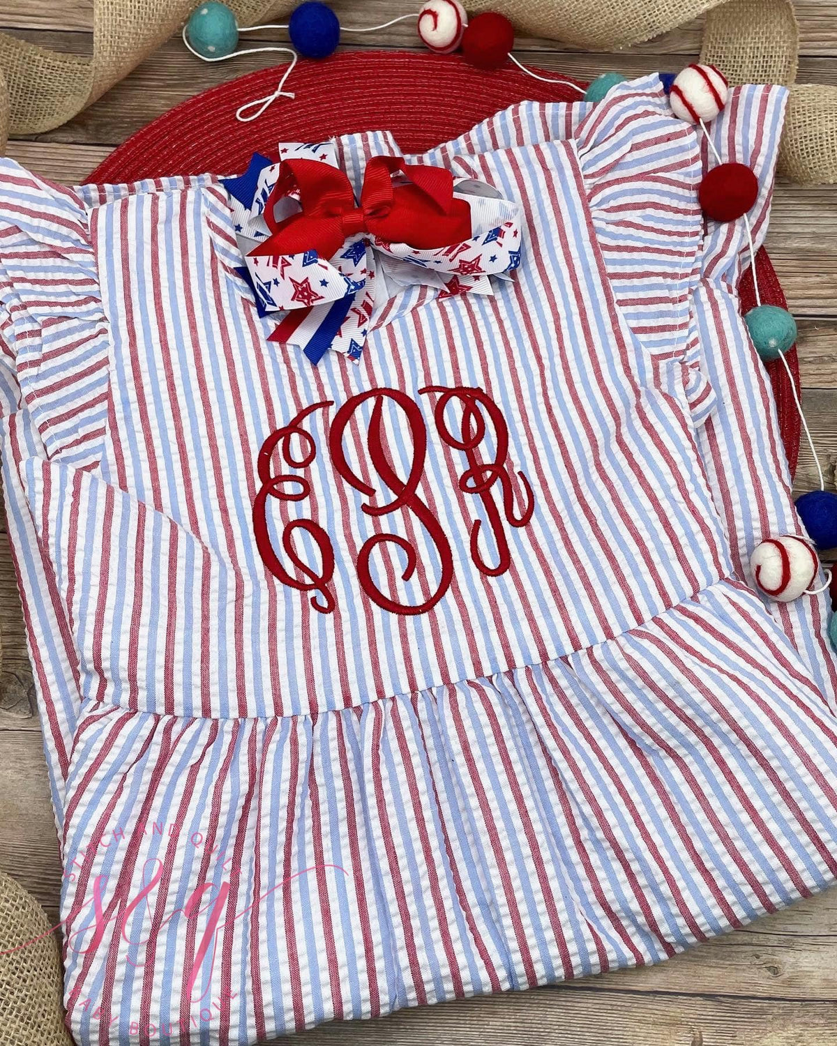 Adorable 4th of July Outfit - Personalized Seersucker Dress in Red, White, and Blue, Patriotic Dress for girls