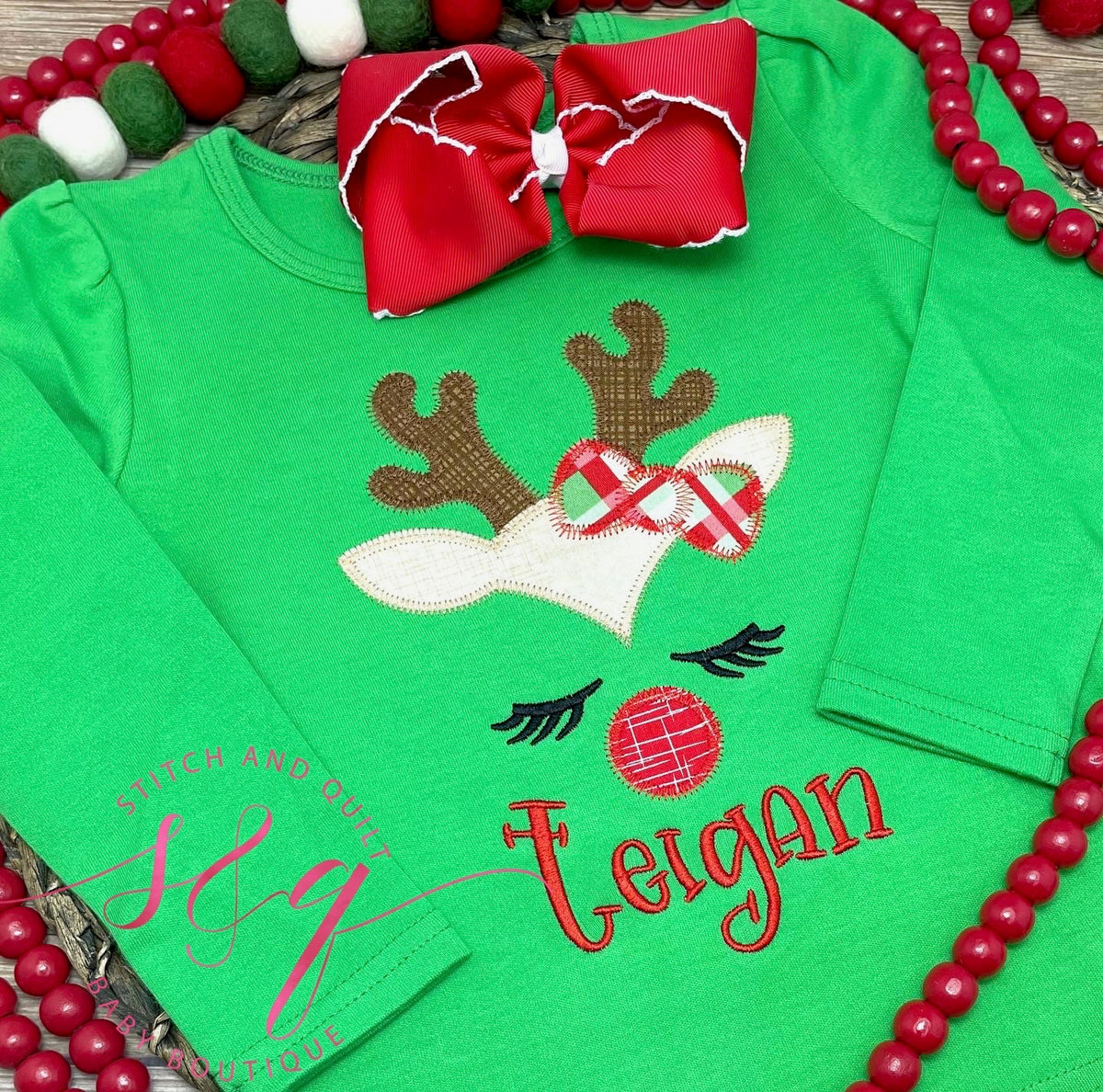 Christmas Shirt for Girl, Reindeer Girl Shirt, Personalized Christmas Shirt, Reindeer with Bow Shirt for Girl, Girls Christmas Top