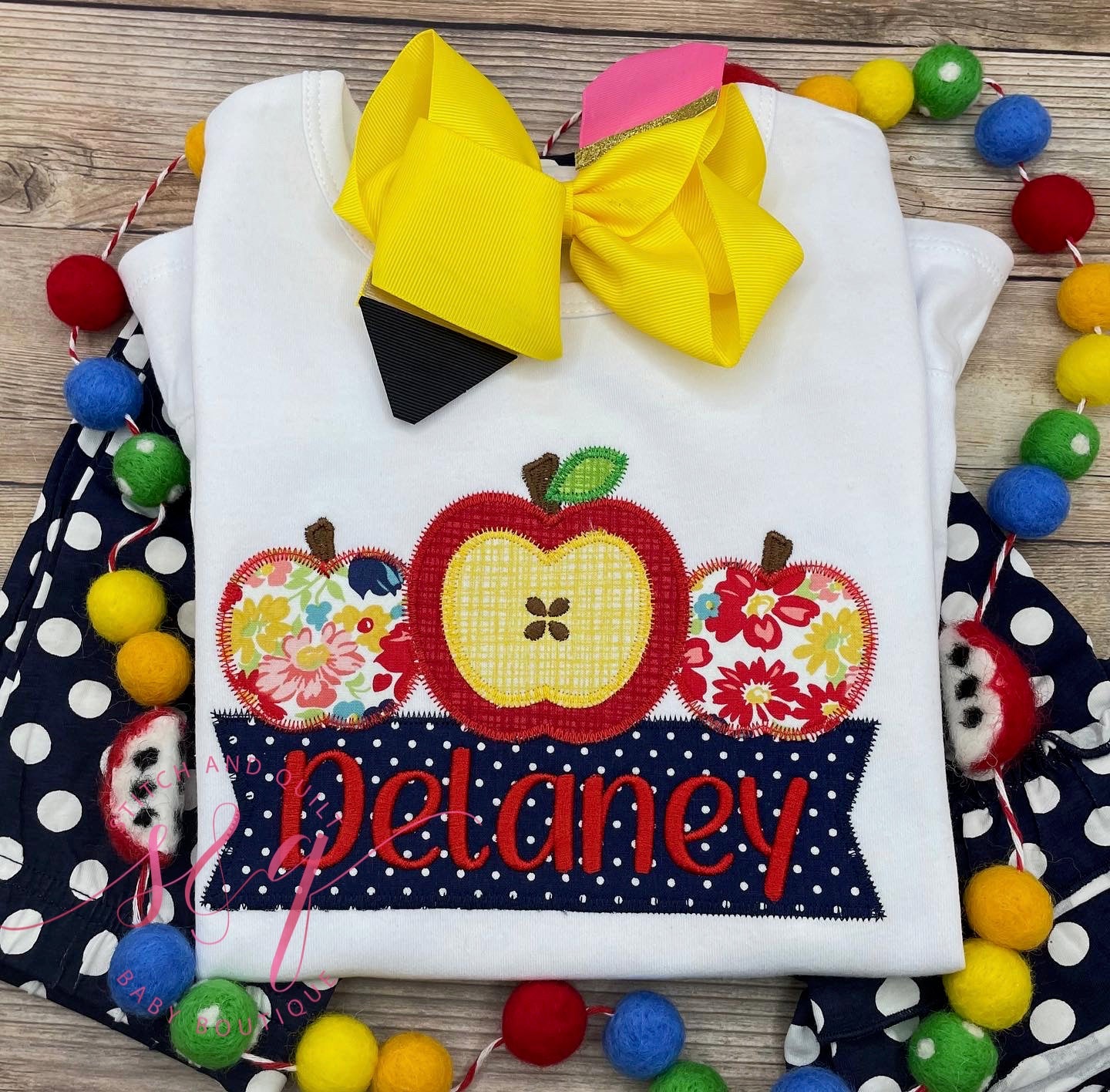 Girl's back to school outfit with floral apple trio,  Back to school outfit, Girl's School Outfit, First day of school outfits for girls