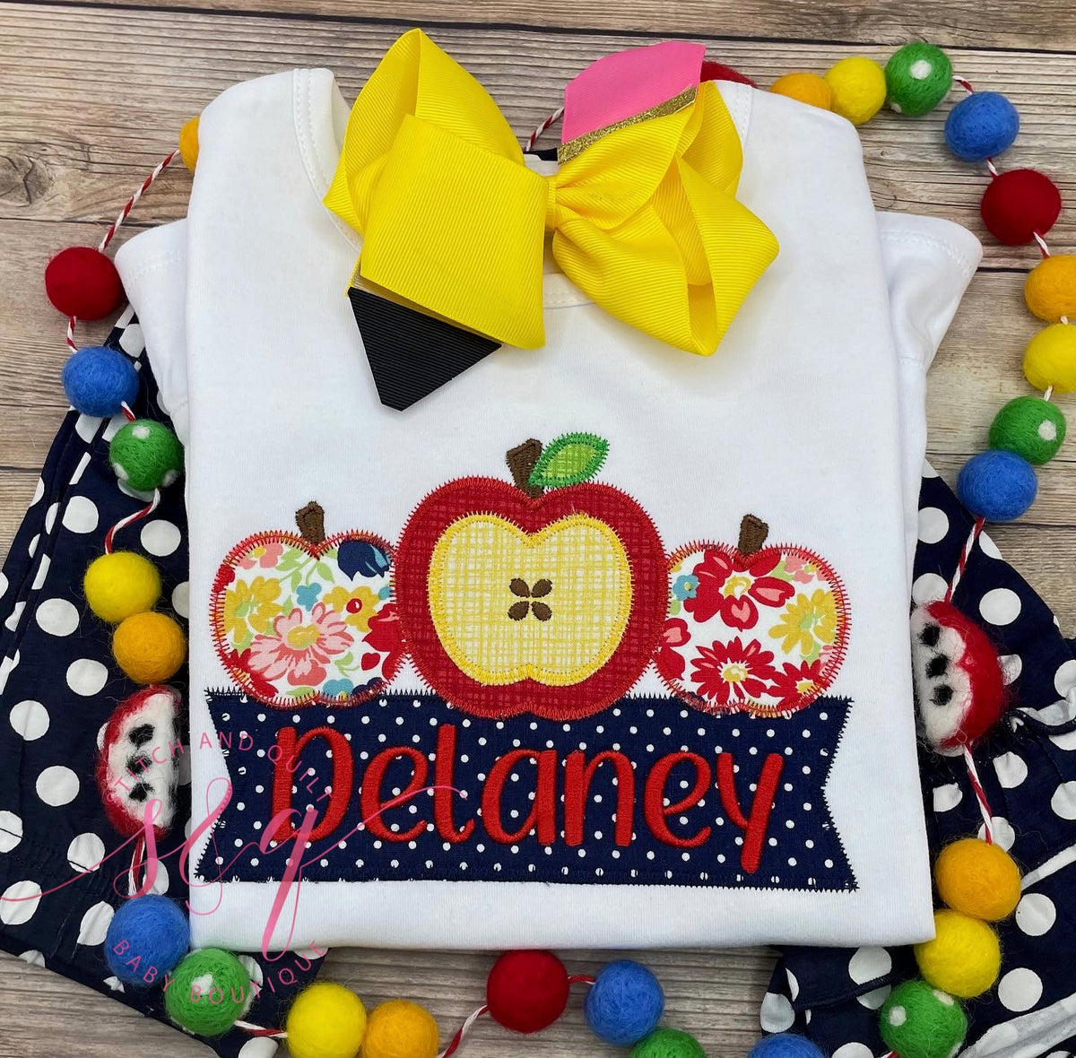 Girl&#39;s back to school outfit with floral apple trio,  Back to school outfit, Girl&#39;s School Outfit, First day of school outfits for girls