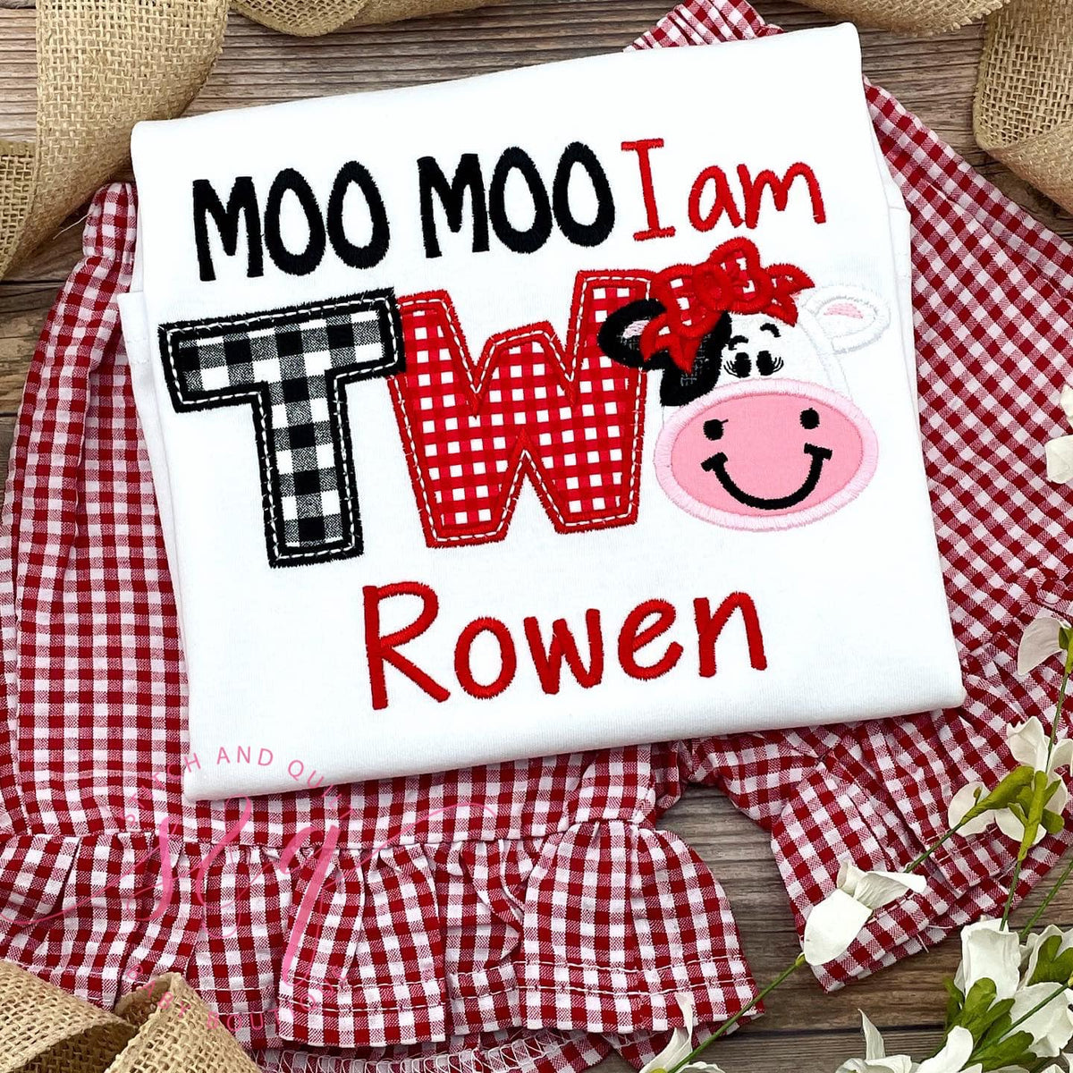 MOO MOO I&#39;m TWO red gingham birthday outfit