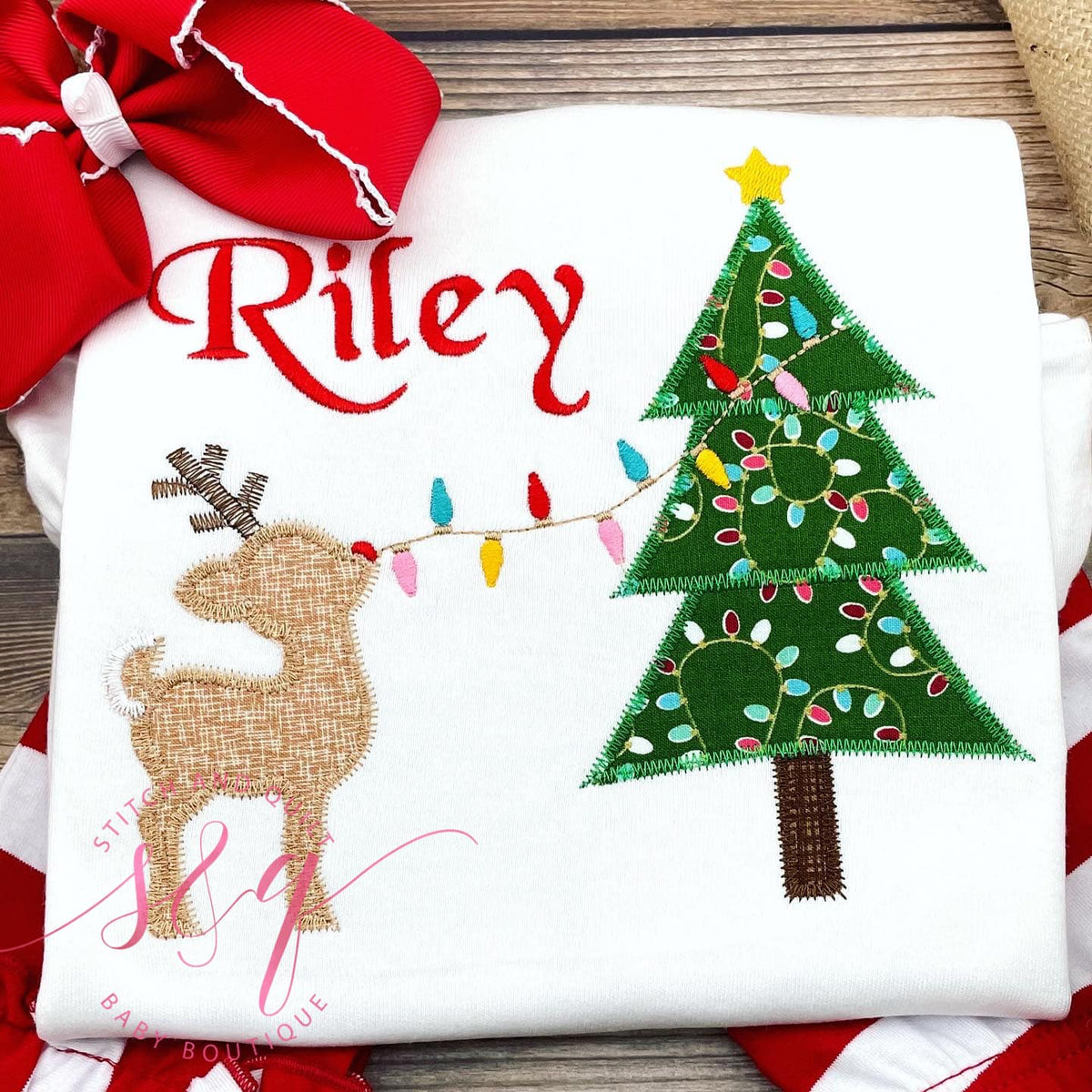 Girl Christmas outfit reindeer and Christmas tree