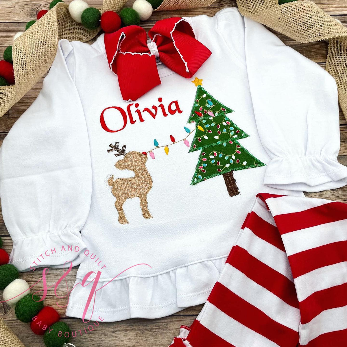Girl Christmas outfit reindeer and Christmas tree