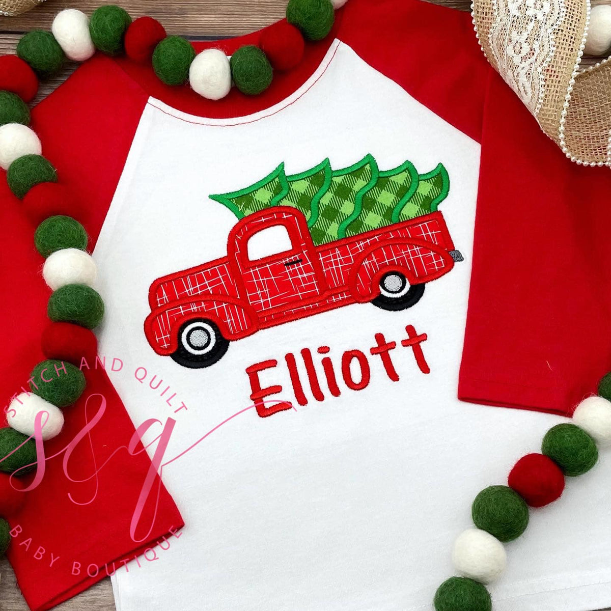 Boy Christmas Shirt Red Truck,  Personalized Red White Raglan Old Red Truck Name Shirt Boy Toddler Baby Youth Shirt