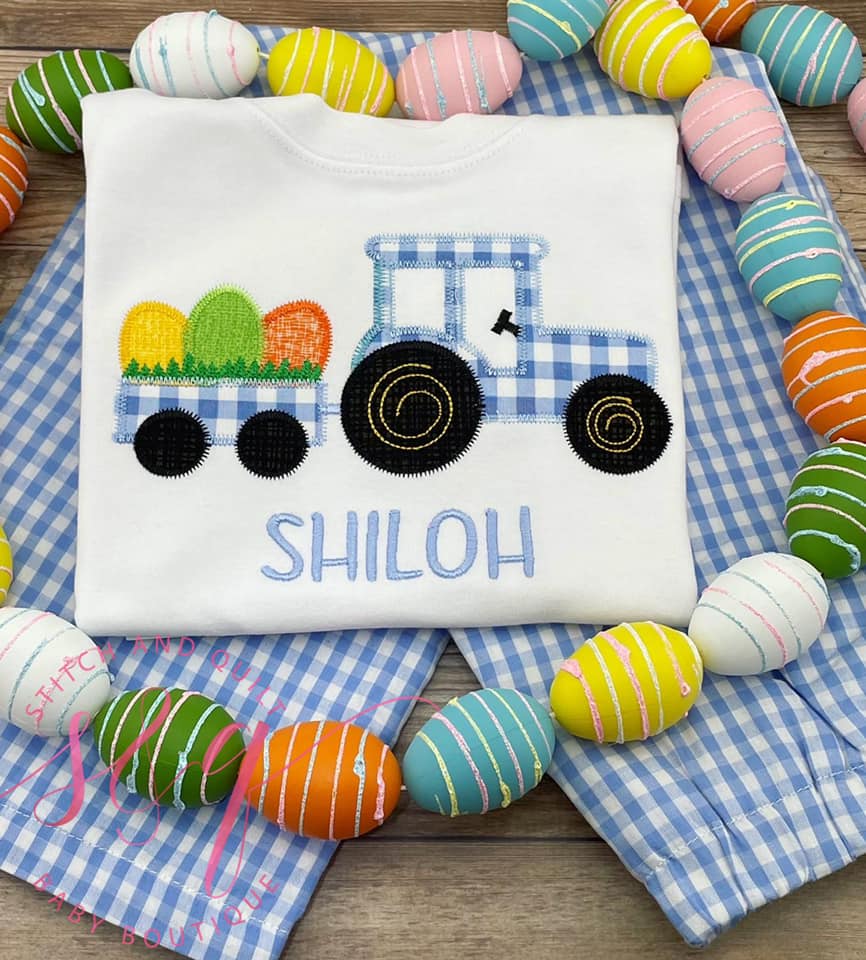 Boy Easter Tractor, Boy Easter Outfit with Blue Gingham pants