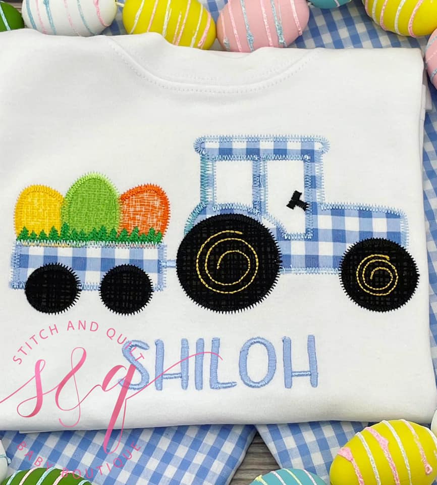 Boy Easter Tractor, Boy Easter Outfit with Blue Gingham pants