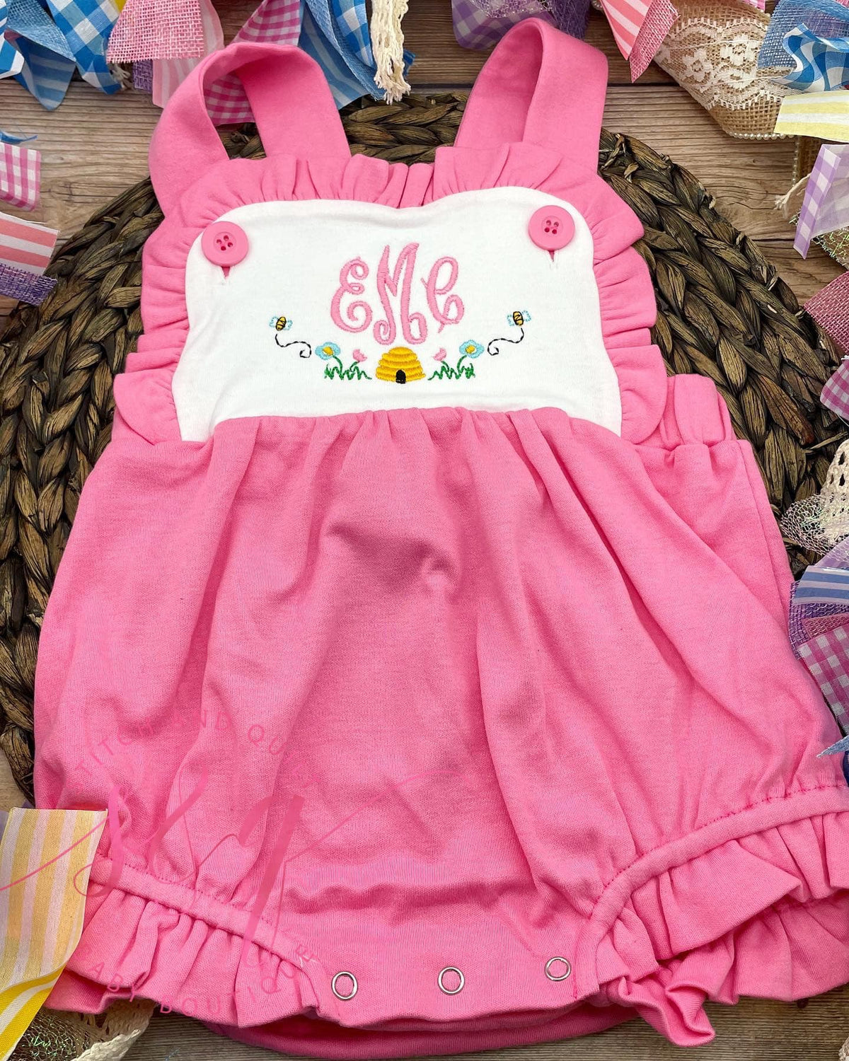Baby girl pink ruffle bubble with honeybee , 1st birthday cake smash outfit, Spring girl romper outfit, Monogrammed Romper
