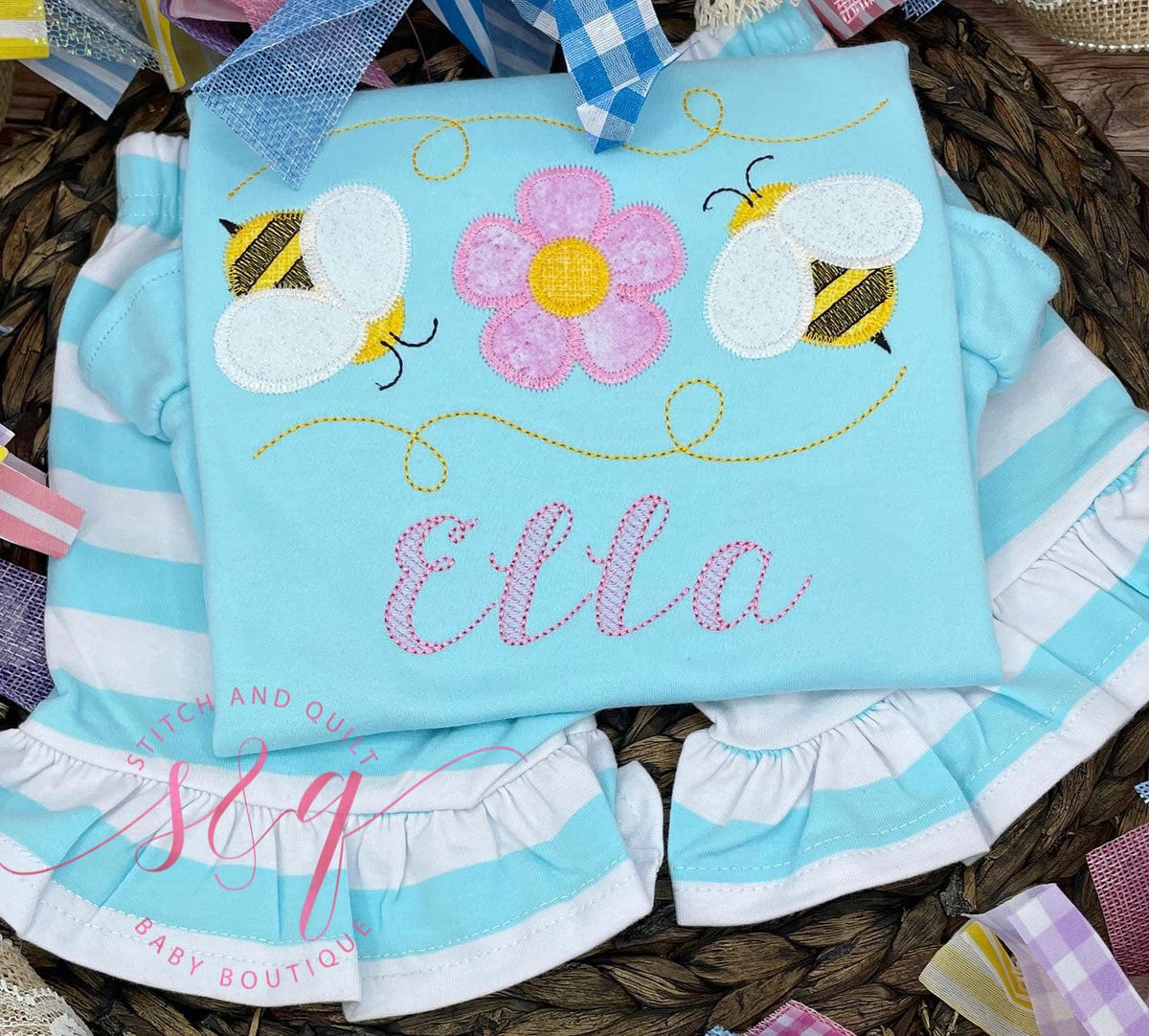 Girl&#39;s Bees and Flower short set with name, Personalized Spring Bee and Flower girl&#39;s outfit