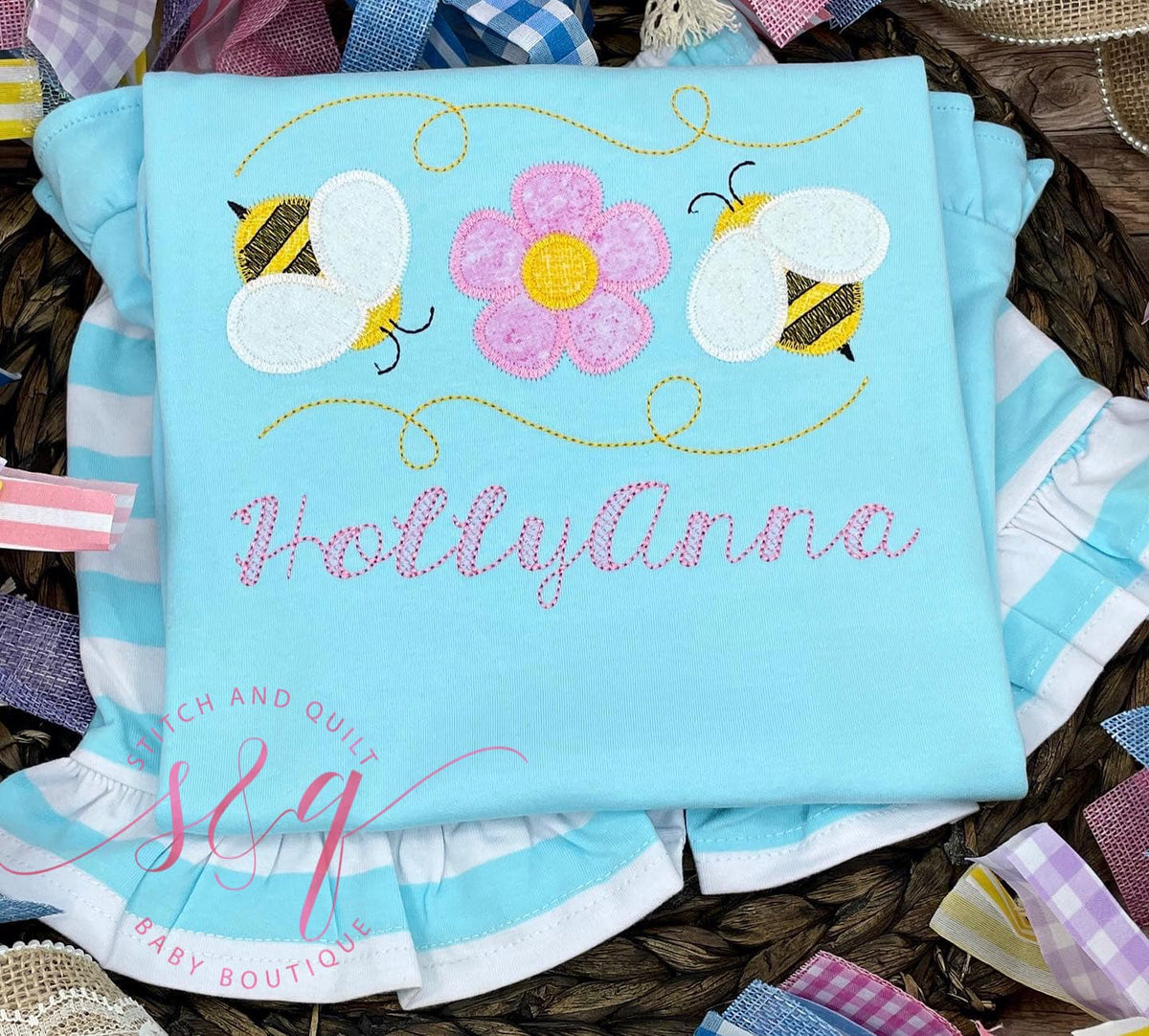 Girl&#39;s Bees and Flower short set with name, Personalized Spring Bee and Flower girl&#39;s outfit