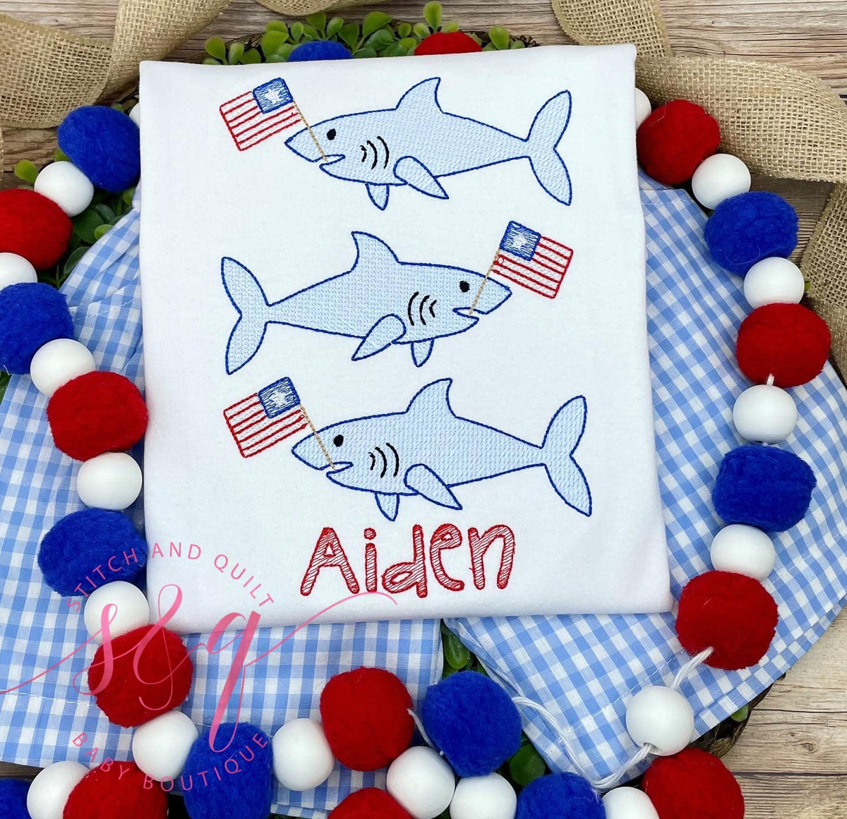 Patriotic sharks with American flags sketch fill, Boy&#39;s 4t of July Shark shirt and shorts