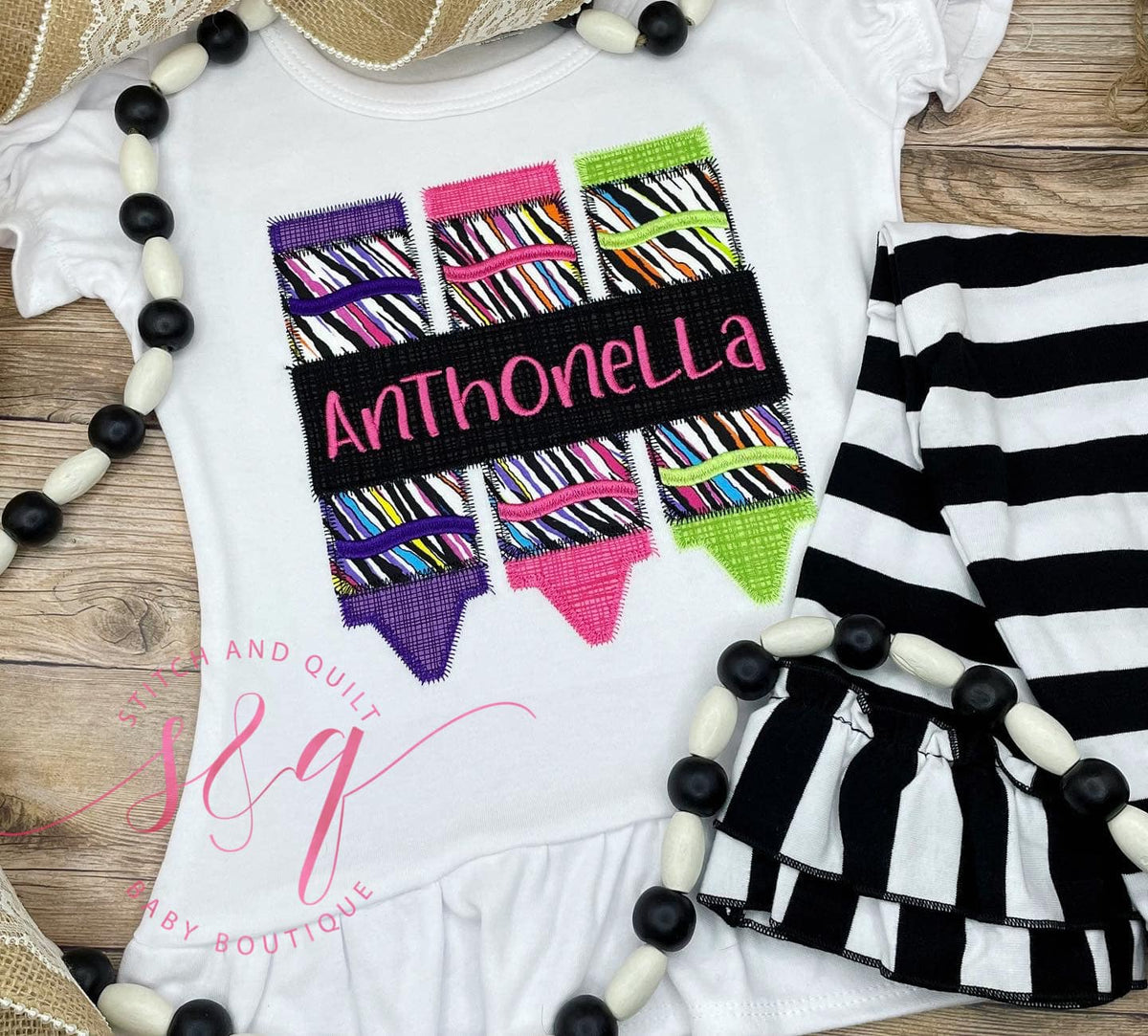 Girl&#39;s back to school outfit zebra striped crayons,  Back to school outfit, Girl&#39;s School Outfit, First day of school outfits for girls
