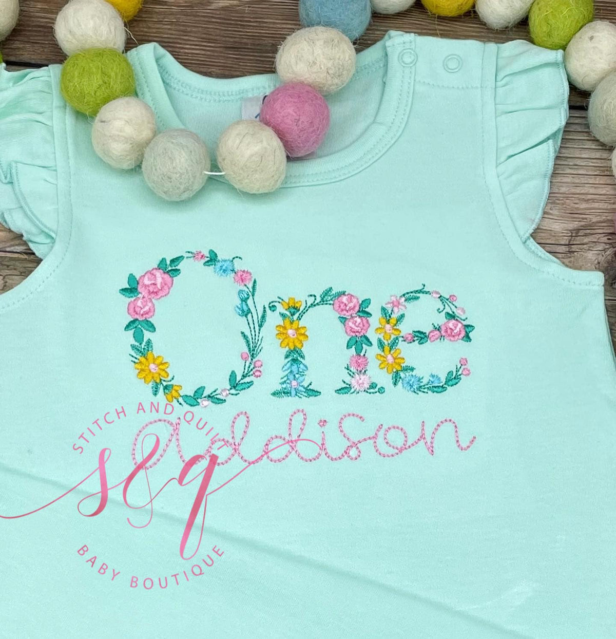 Girl&#39;s first birthday mint romper, One floral birthday romper for baby girl