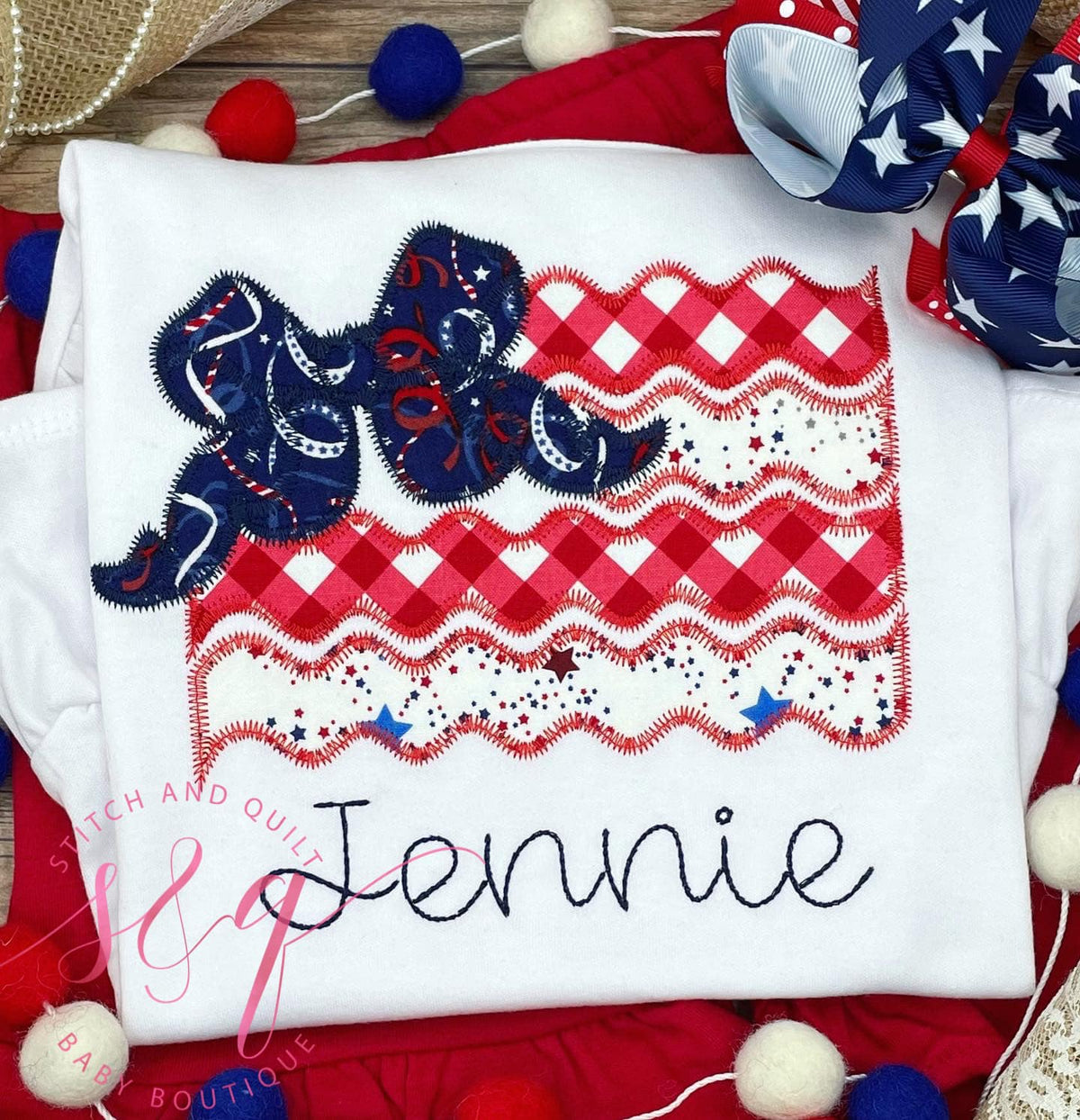 Flag with bow, Girl&#39;s 4th of July outfit, Girl&#39;s 4th of July shirt, July 4th Shirt, Patriotic, Fourth of July, 4th of July ruffle shorts