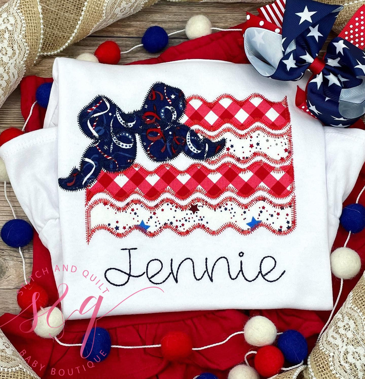 Flag with bow, Girl&#39;s 4th of July outfit, Girl&#39;s 4th of July shirt, July 4th Shirt, Patriotic, Fourth of July, 4th of July ruffle shorts
