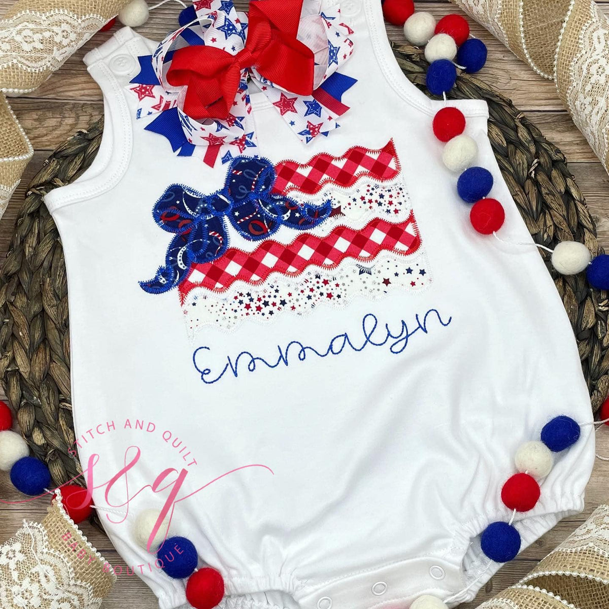 Girls Bubble romper with Flag, 4th of July flag outfit, Baby girl 4th of July bubble romper