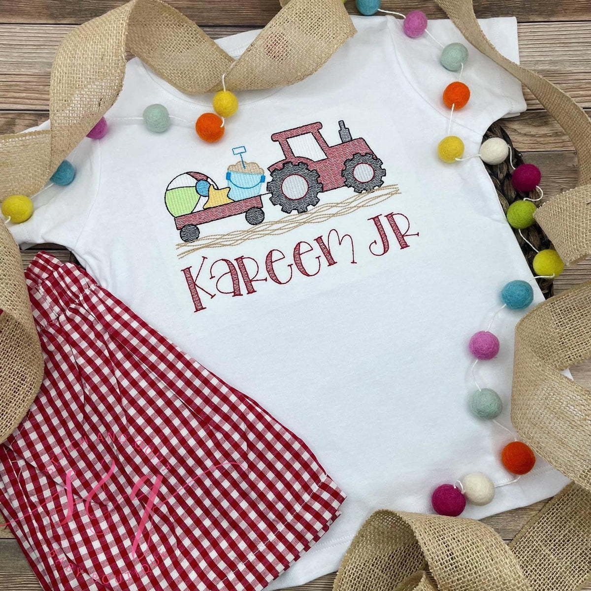 Red Tractor and Trailer Embroidered Boys Clothing Set with Beach Ball and Pail Design, Tractor for Boys, Boys Summer outfit