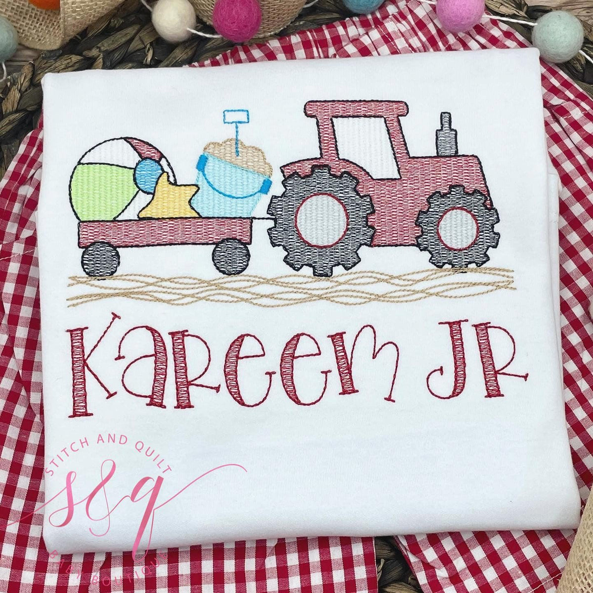 Red Tractor and Trailer Embroidered Boys Clothing Set with Beach Ball and Pail Design, Tractor for Boys, Boys Summer outfit
