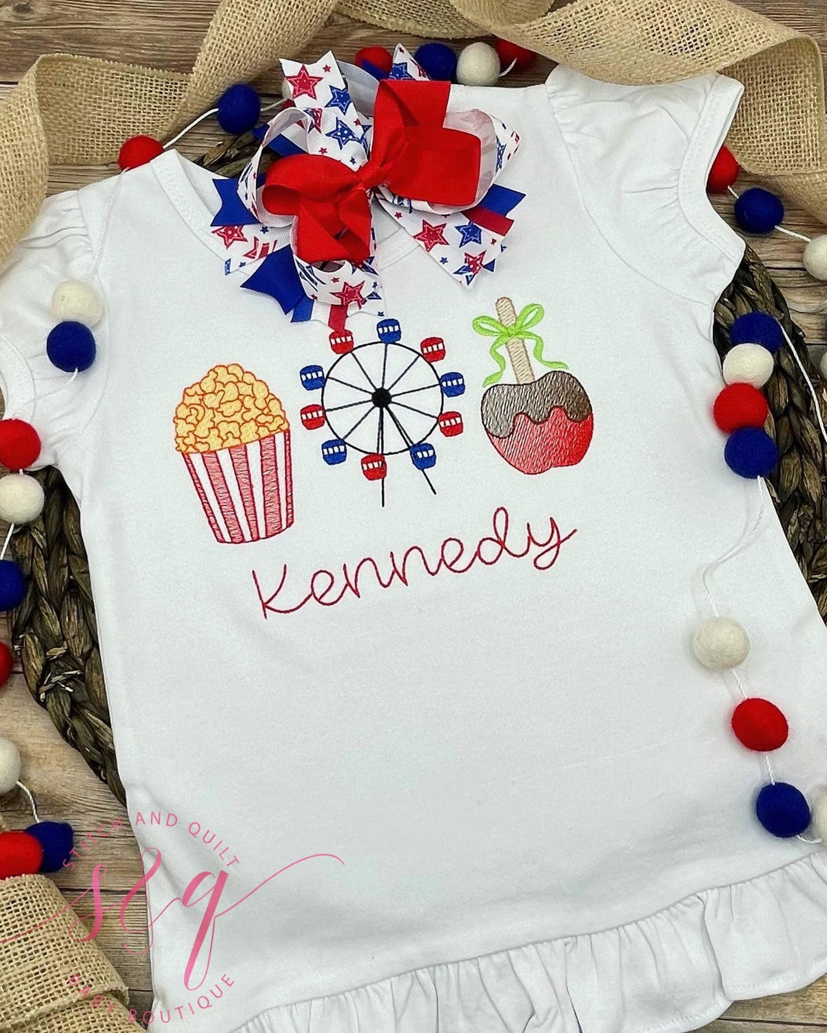 Carnival-inspired Girls&#39; Ruffle Shirt with Popcorn, Ferris Wheel, and Candy Apple Embroidery, Sketch Embroidery, Optional Red Ruffle Short