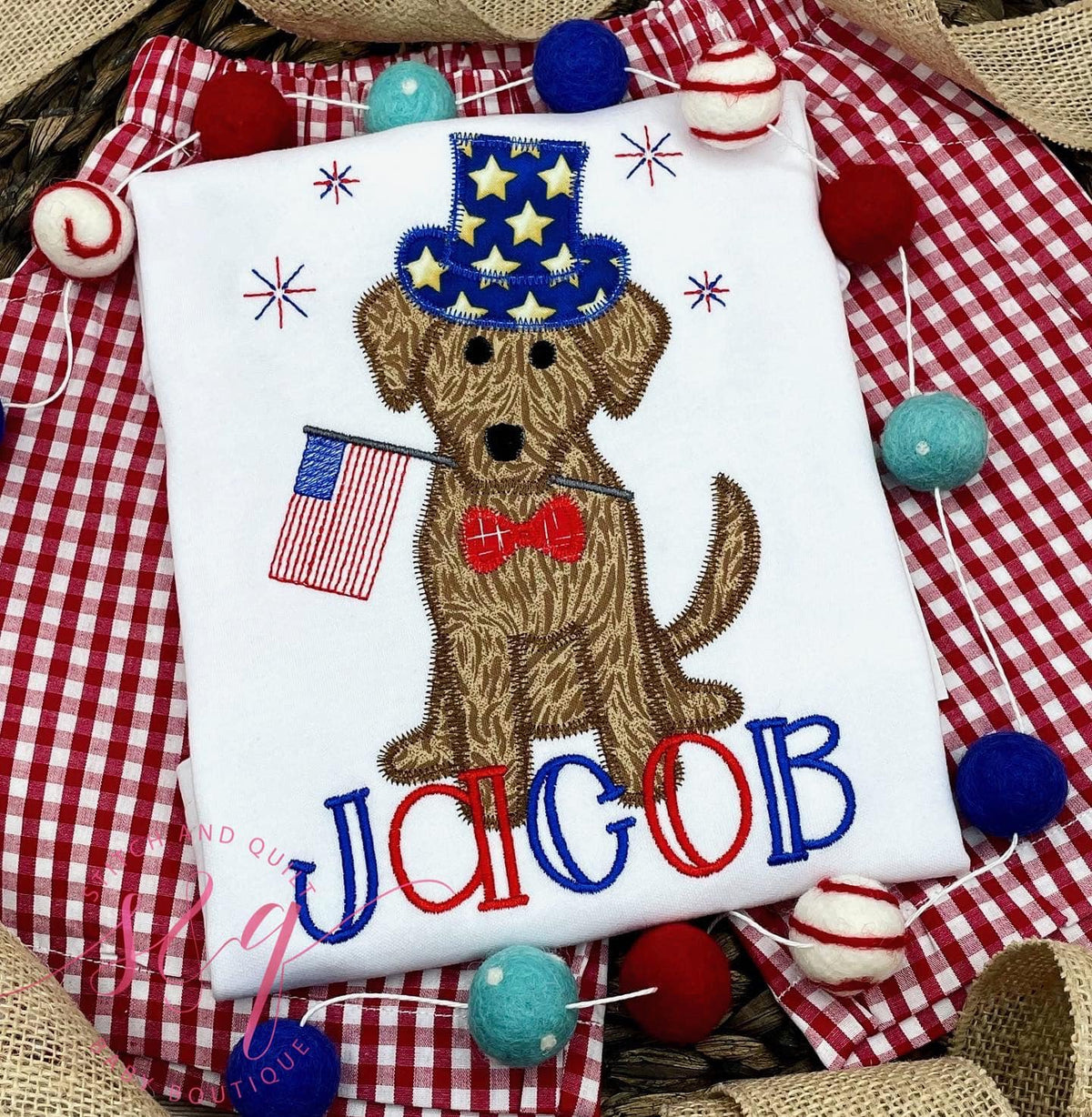 Infant or Toddler Boy&#39;s Patriotic Puppy 4th of July Shirt and Lined Red Gingham Shorts, 4th of July Patriotic shirt for boys