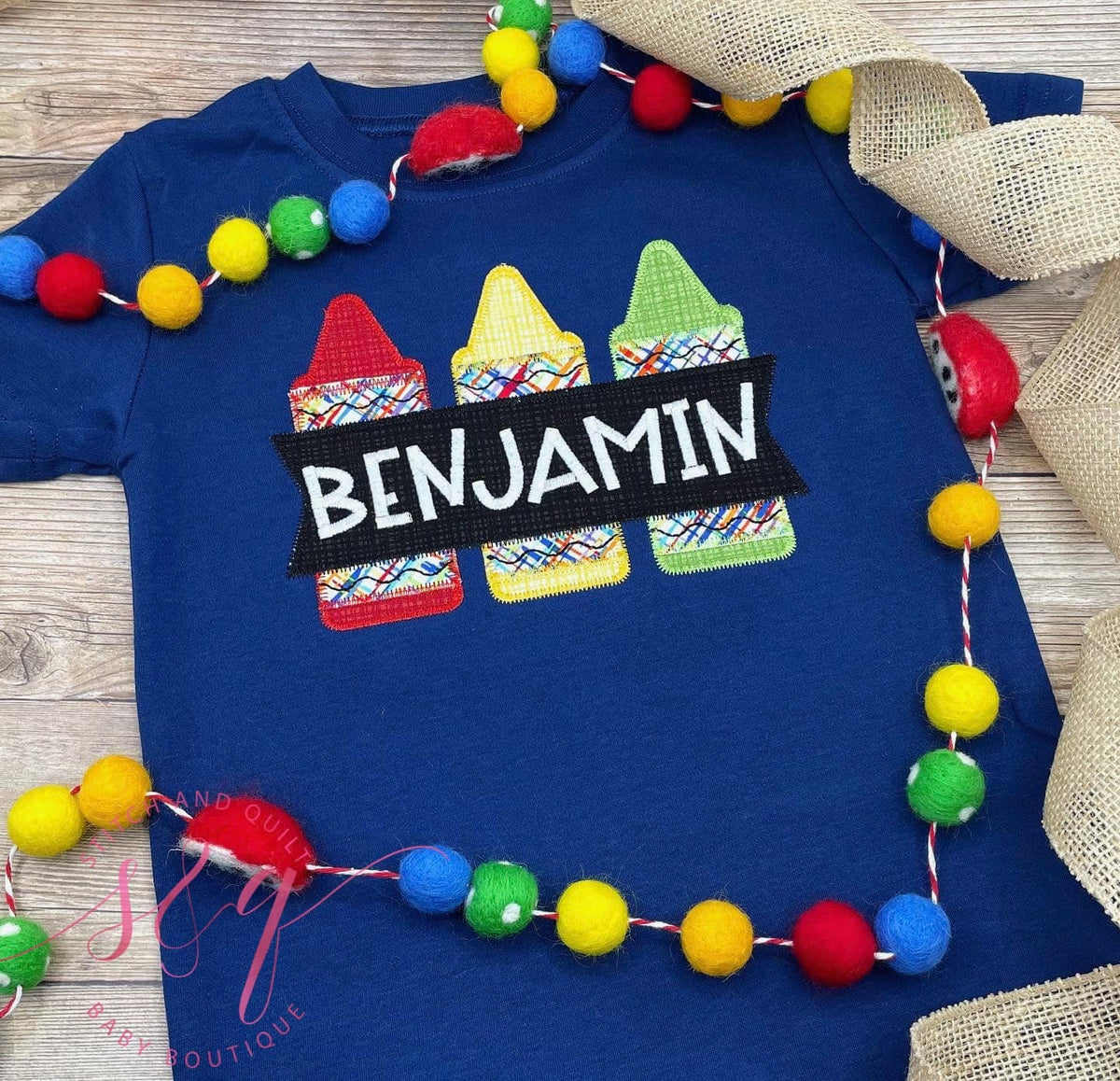 Navy Back to School Crayon Design Shirt with Custom Name Banner - Perfect for School Photos and Preschool, First day of school