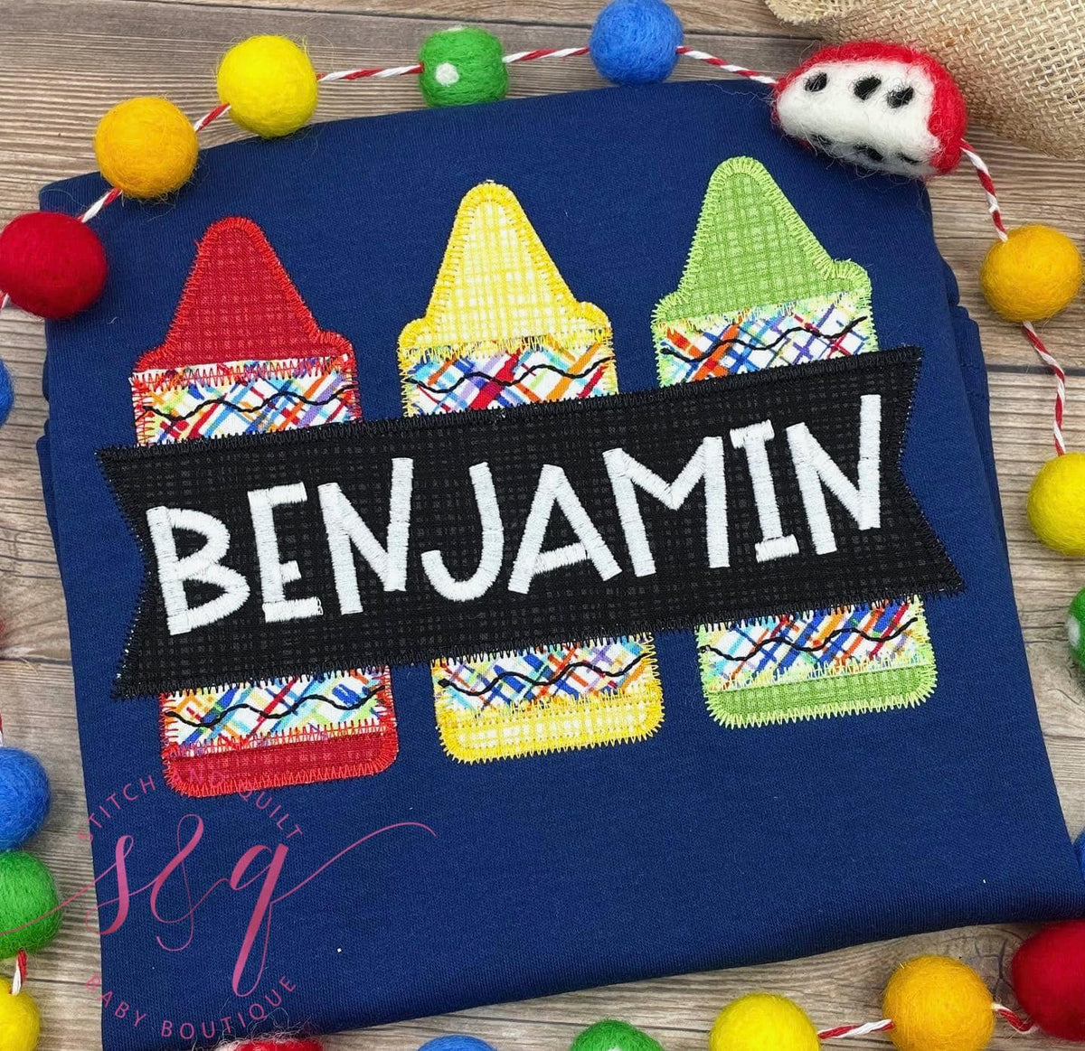 Navy Back to School Crayon Design Shirt with Custom Name Banner - Perfect for School Photos and Preschool, First day of school