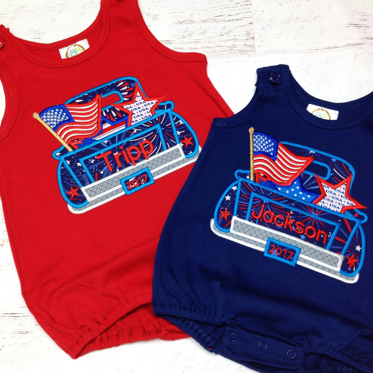 Patriotic Truck for 4th of July summer bubble romper