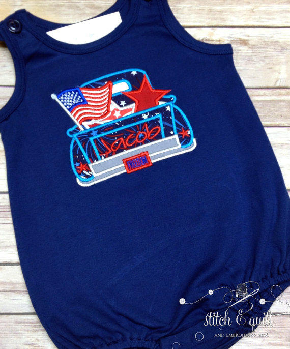 Patriotic Truck for 4th of July summer bubble romper