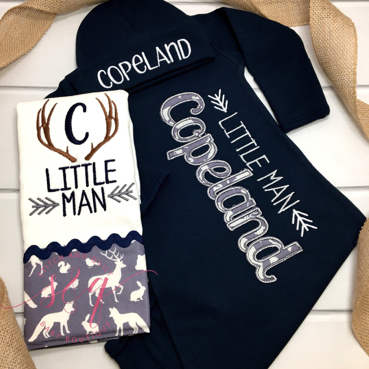 Coming Home Gown, Navy Gray deer stag,  Deer Stag, monogram baby, Newborn Deer Stag, Newborn coming home outfit
