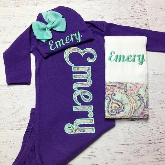Baby girl coming home outfit purple gown, mint