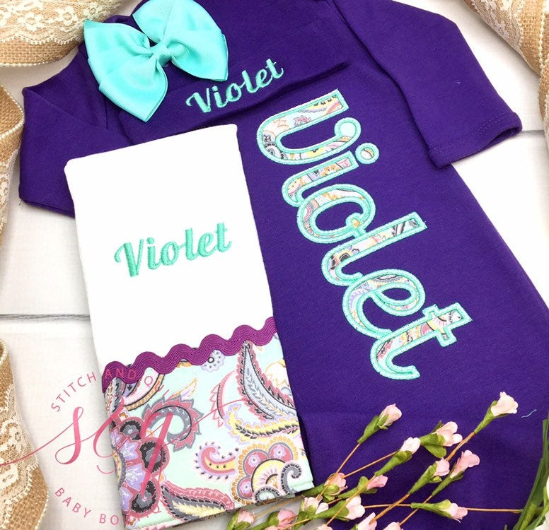 Baby girl coming home outfit purple gown, mint
