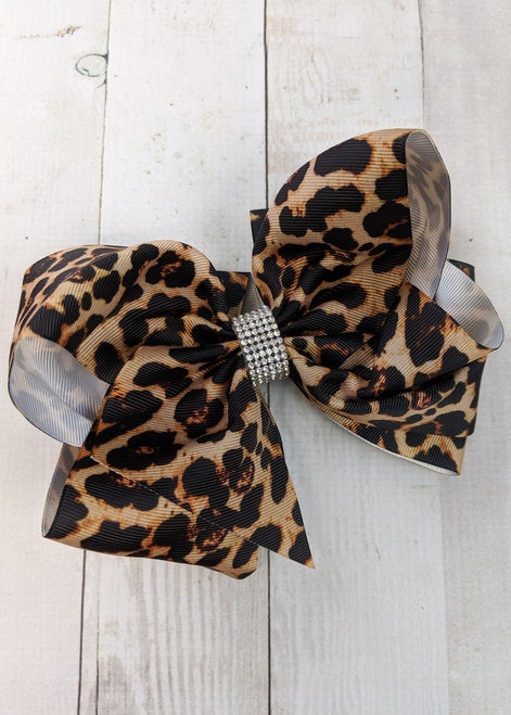 Leopard print ribbon hair bow,