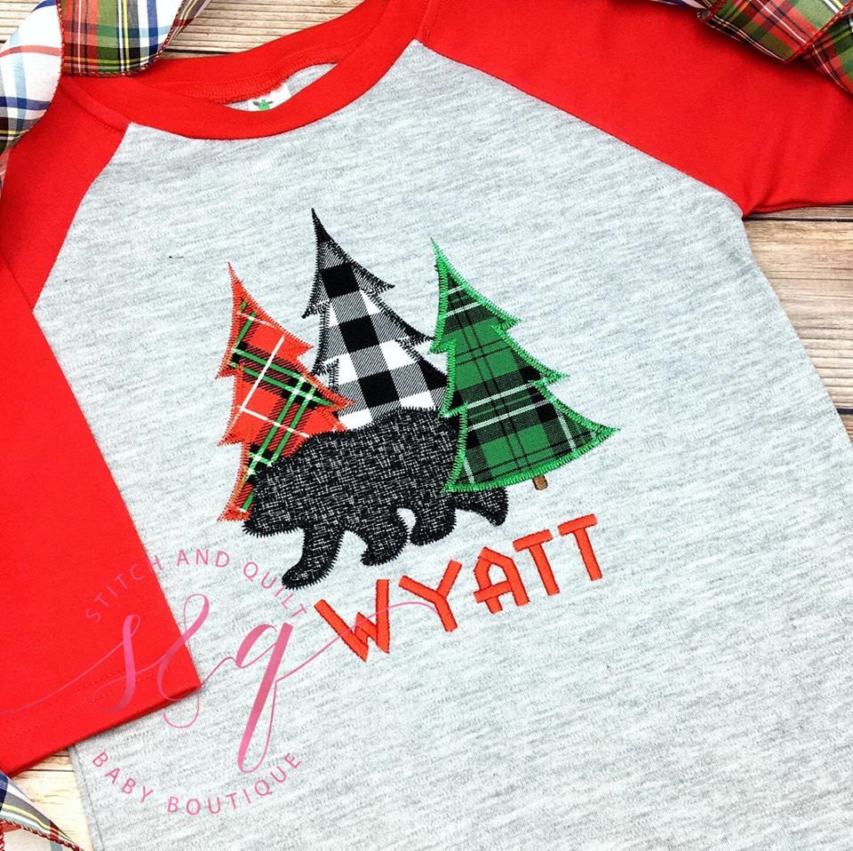 Woodland bear,  Christmas bear shirt, Boys Christmas shirt, Boys Christmas black bear