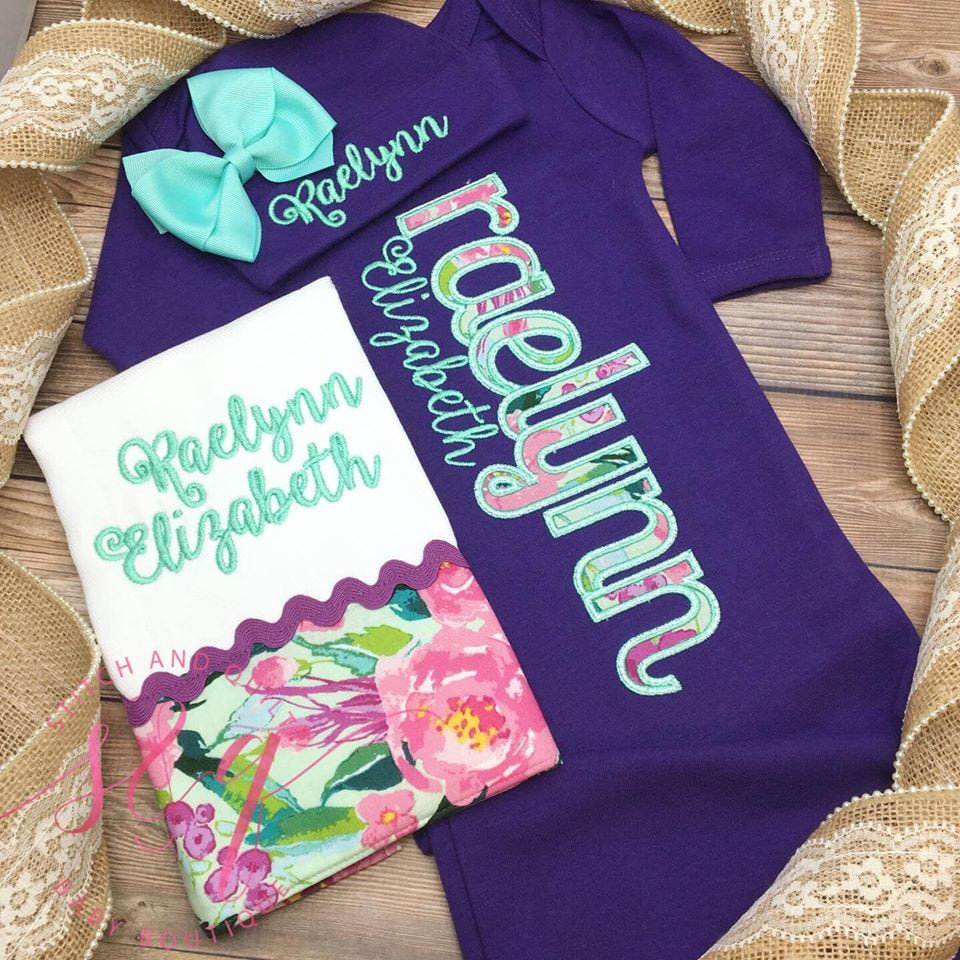 Baby girl coming home outfit, Purple and mint newborn gown girl