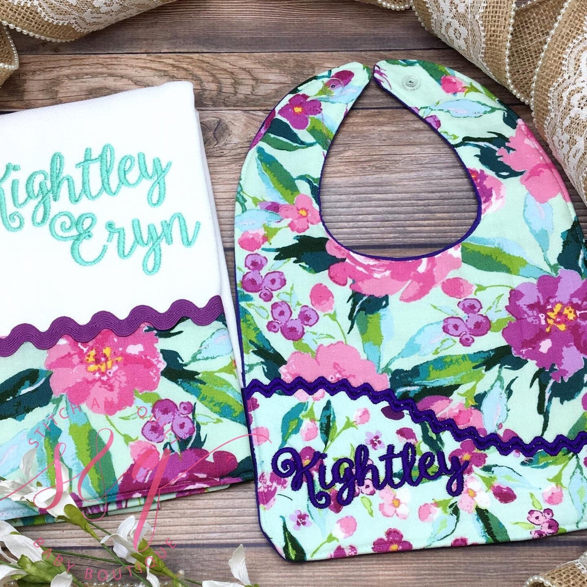 Bib and Burp, pink and purple flowers with mint background