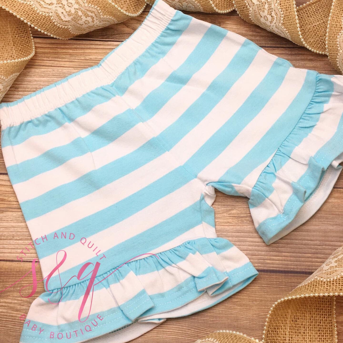 Girl&#39;s Striped Ruffle Shorts Aqua