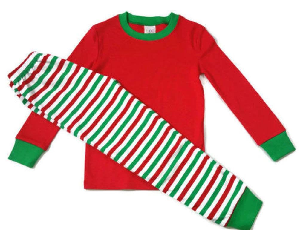 Holiday, Personalized Christmas pajamas, red green and white striped pants