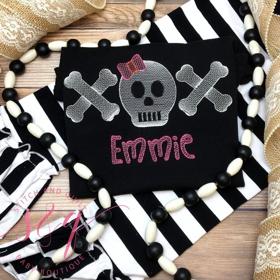 Skull Bow Bones Trio Sketch Stitch with Glow in the Dark Thread, Girl&#39;s Halloween outfit,  Infant, Halloween Outfit Girls