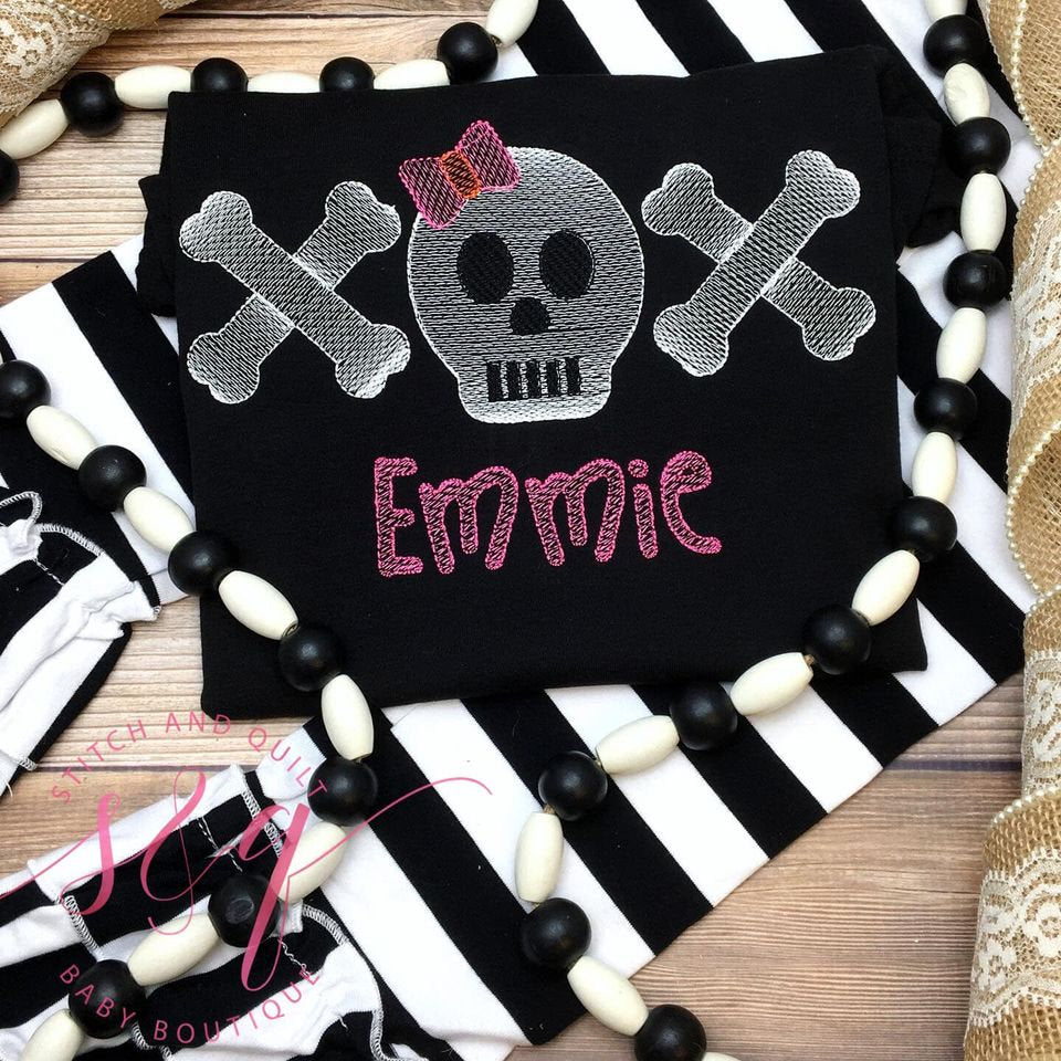 Skull Bow Bones Trio Sketch Stitch with Glow in the Dark Thread, Girl&#39;s Halloween outfit,  Infant, Halloween Outfit Girls