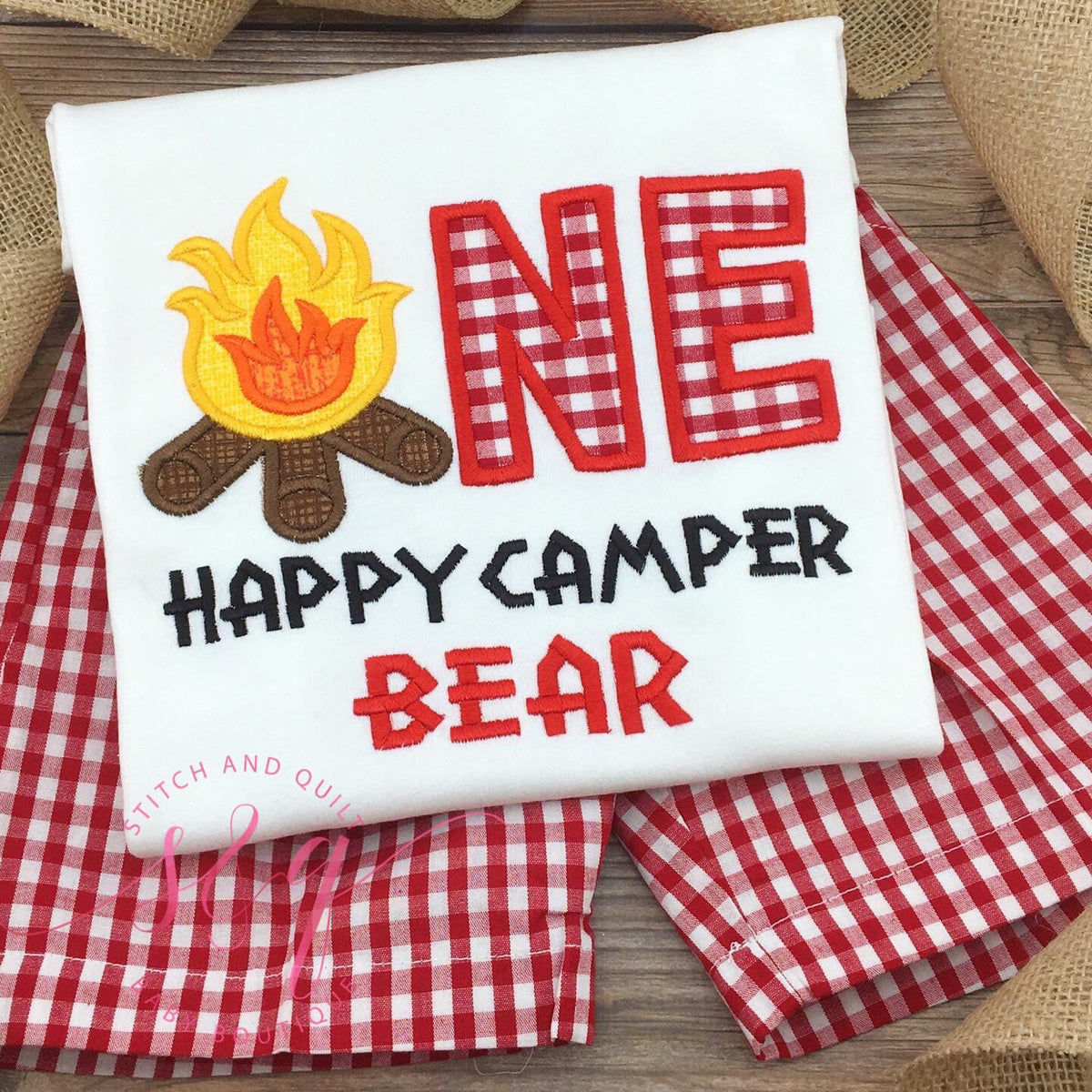 One happy camper, camping birthday, camping theme, camping party, camping shirt, first birthday shirt, 1st birthday,  Red gingham shorts
